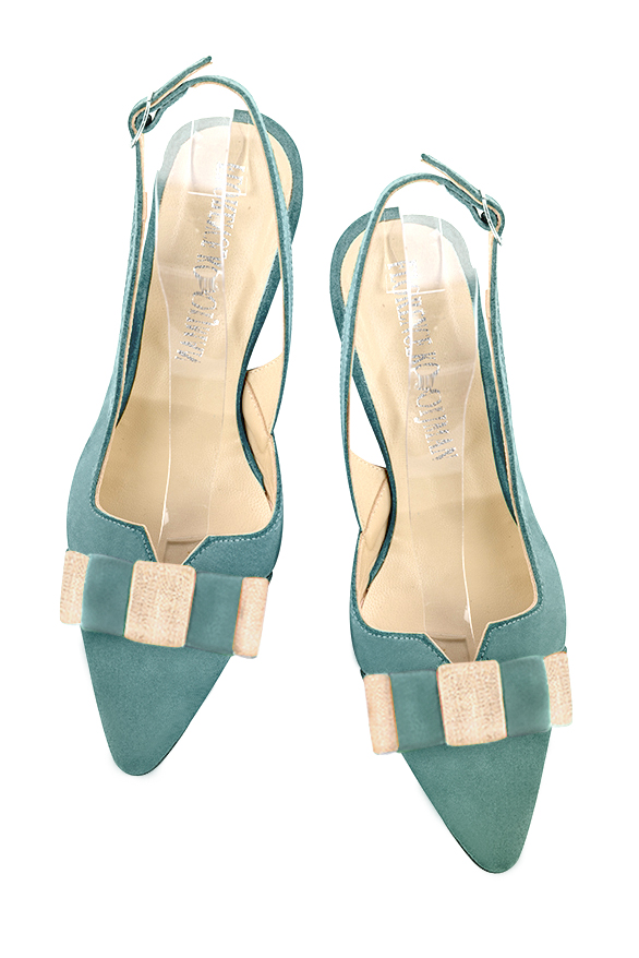 Mint green and gold women's open back shoes, with a knot. Tapered toe. Medium comma heels. Top view - Florence KOOIJMAN